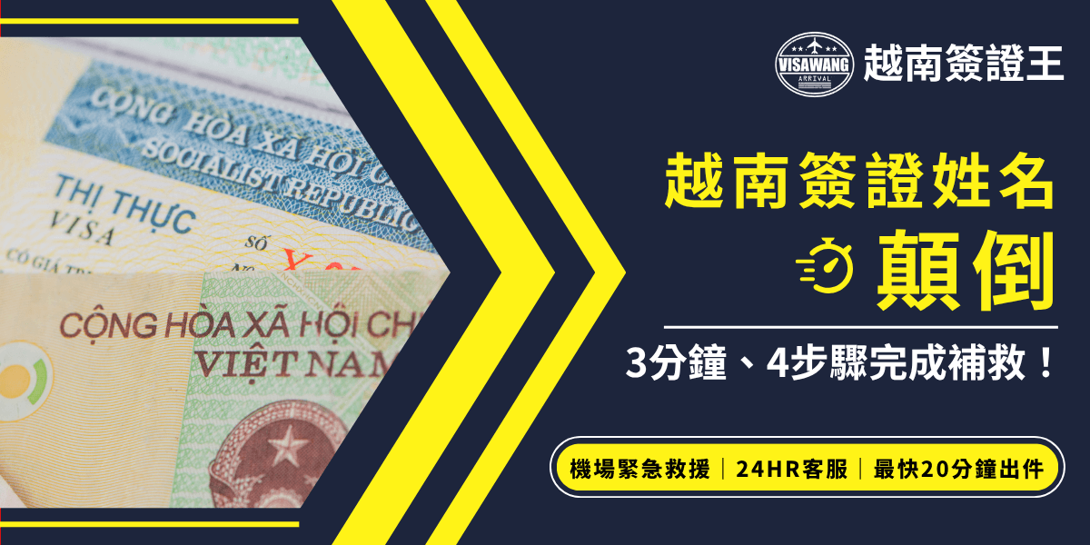 圖片左側為越南簽證實體照，右側以深藍底配上鮮黃色大字「越南簽證姓名顛倒」，並以「3分鐘、4步驟完成補救！」為副標，強調解決流程迅速簡單。下方標示「機場緊急救援、24HR客服、最快20分鐘出件」等服務特色，視覺設計專業且醒目。此圖適合用於說明越南簽證姓名順序顛倒的補救辦法、常見錯誤、申請流程與注意事項。