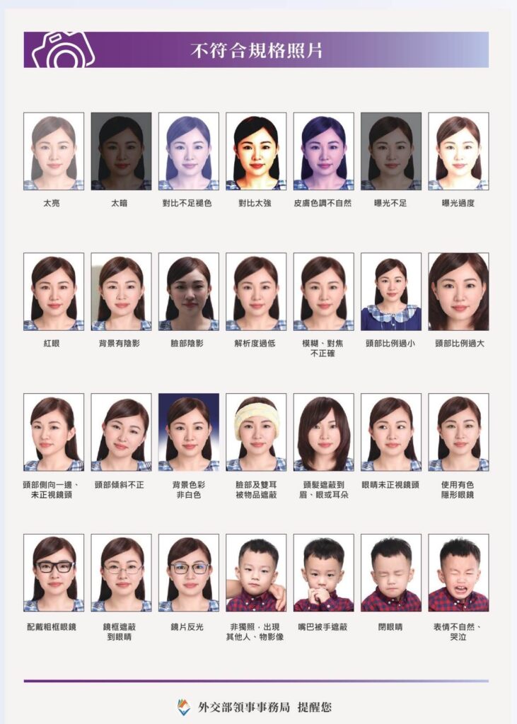 這張圖片展示了各種不符合規格的護照照片，並標明了每種情況的問題。例如，照片過於明亮、過暗、臉部表情不自然、背景不合格、穿戴不當、頭髮遮掩臉部或是佩戴眼鏡、配件等導致照片不符合要求的情況。圖片清楚指出這些問題，幫助申請者避免常見的錯誤，確保護照照片符合規格。